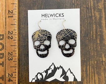 Enameled Skull Earrings: Sterling Silver, Spider Web Detail