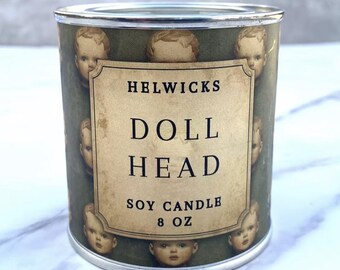 Doll Head Candle, Creepy Candle, Soy Candle with Wooden Wick, Soy Candle, Paint Tin Candle
