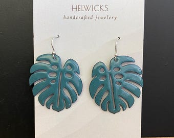 Enamel Monstera Leaf Earrings: Blue-Gray Sterling Silver, Handmade