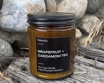Grapefruit Cardamom Tea Soy Candle - Wooden Wick, 8 oz Amber Glass