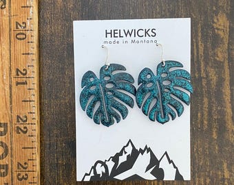 Handmade Enamel Monstera Leaf Earrings: Speckled Blue Black, Sterling Silver