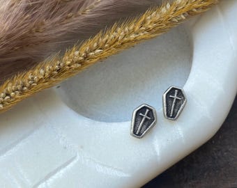 Sterling Silver Coffin Stud Earrings - Handmade Halloween Jewelry