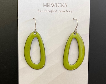 Pea Green Enamel Dangle Earrings: Handmade Sterling Silver
