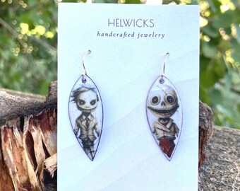 Creepy Doll Enamel Earrings: Handmade Sterling Silver Halloween Jewelry