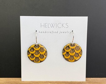 Handmade Round Enamel Earrings: Yellow Copper Jewelry, Sterling Silver