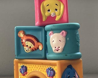 Disney Pooh & Friends Soft Rubber Toy Stacking Blocks Baby Piglet Tigger Vintage