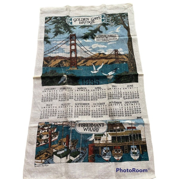 1989 Linen Kitchen Wall Calendar Tea Towel GOLDEN GATE Bridge CA fisherman