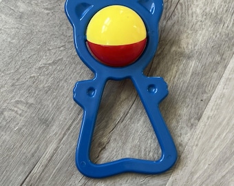 80s Baby Rattle Blue Red Yellow Primary Colors Spinning Ball Vintage Nice