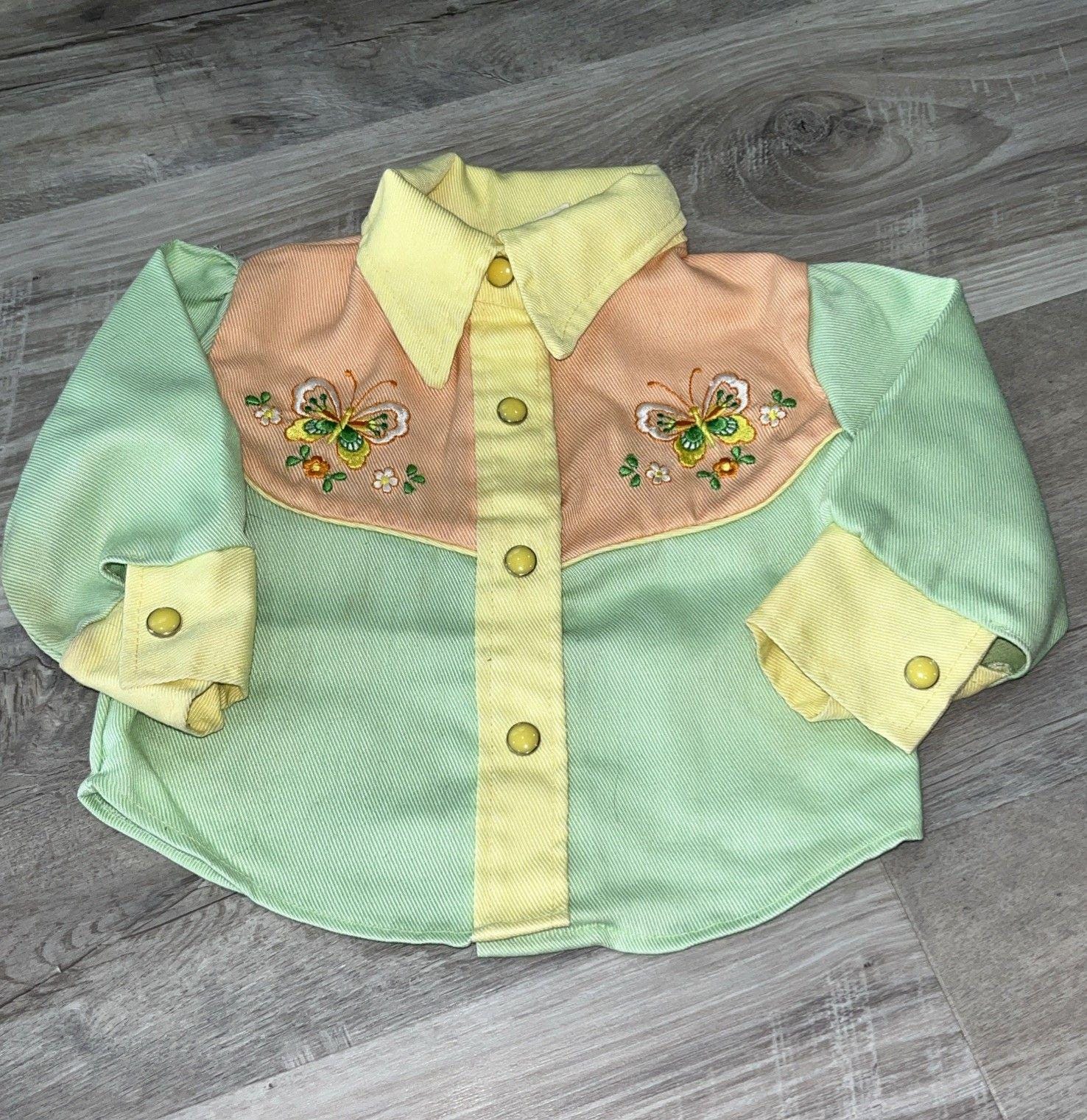 Camisa Western para Bebê, Pastel Bordado, Borboletas, Pérolas, Botões, 6/9 m, Vintage, RARO