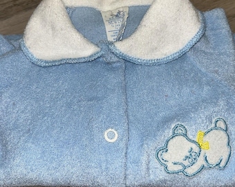 Sears Vintage Terrycloth Blue Teddy Bear Sleeper Footie Pajamas NB 0-6m   USA
