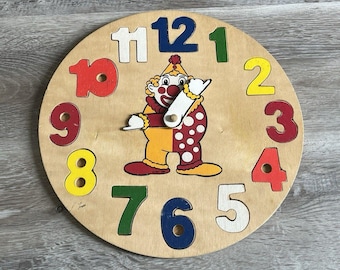 Vintage Wooden Clown Clock Number Puzzle Learn to Tell Time  11" Diam Nice