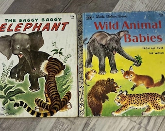 Little Golden Books Saggy Baggy Elephant Wild Animal Babies VTG LGB