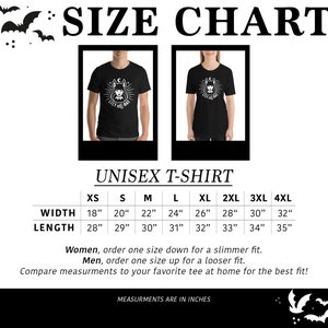 May include: Size chart for a unisex t-shirt with measurements in inches for width and length. Sizes range from XS to 4XL.  The chart includes instructions for women and men to order one size down or up for a slimmer or looser fit.