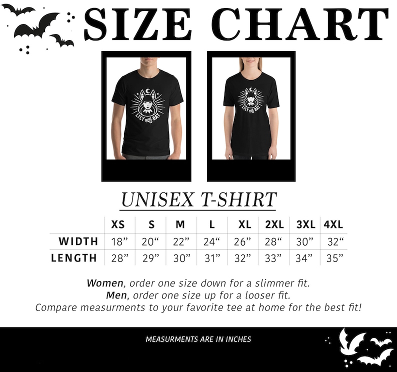 Pu&ograve; includere: Tabella delle taglie per una t-shirt unisex con misure in pollici per larghezza e lunghezza. Le taglie vanno dalla XS alla 4XL. La tabella include istruzioni per donne e uomini per ordinare una taglia in meno o in pi&ugrave; per una vestibilit&agrave; pi&ugrave; aderente o pi&ugrave; ampia.