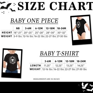 May include: Size chart for baby one-piece and baby t-shirt clothing. The chart shows sizes from newborn to 18-24 months, with corresponding height and weight measurements in inches and pounds.