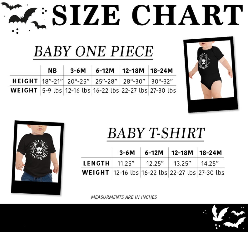 May include: Size chart for baby one-piece and baby t-shirt clothing. The chart shows sizes from newborn to 18-24 months, with corresponding height and weight measurements in inches and pounds.