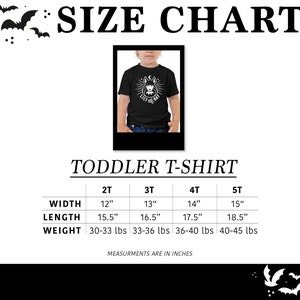 May include: Size chart for toddler t-shirts with measurements in inches and pounds. The chart shows the width, length, and weight for sizes 2T, 3T, 4T, and 5T.