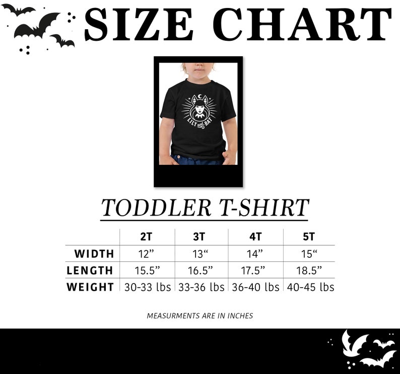 May include: Size chart for toddler t-shirts with measurements in inches and pounds. The chart shows the width, length, and weight for sizes 2T, 3T, 4T, and 5T.