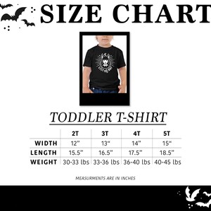 May include: Size chart for toddler t-shirts with measurements in inches and pounds. The chart shows the width, length, and weight for sizes 2T, 3T, 4T, and 5T.