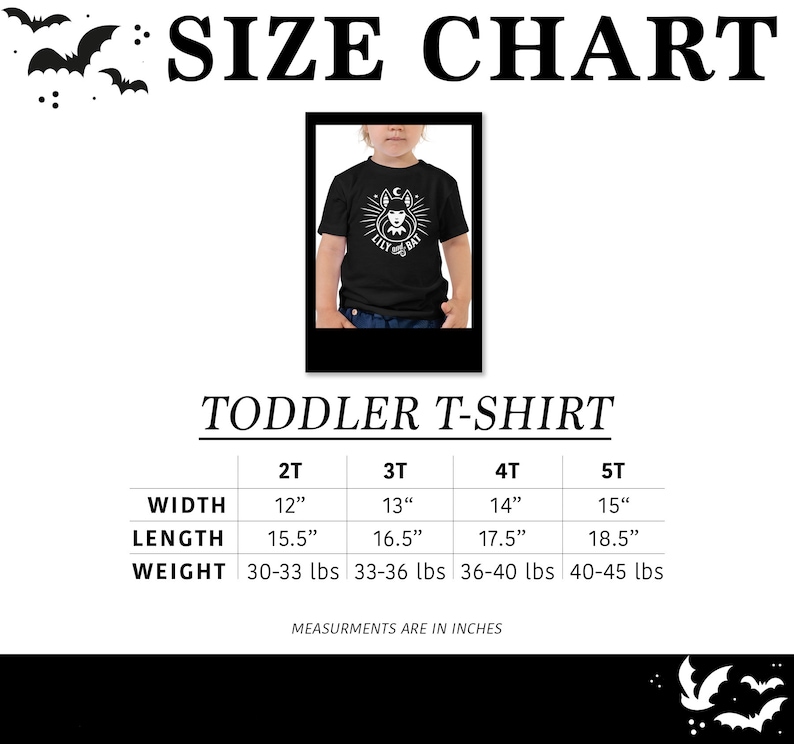 May include: Size chart for toddler t-shirts with measurements in inches and pounds. The chart shows the width, length, and weight for sizes 2T, 3T, 4T, and 5T.