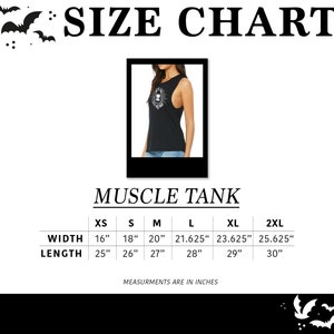 May include: Size chart for a muscle tank top with measurements in inches for width and length. Sizes include XS, S, M, L, XL, and 2XL.