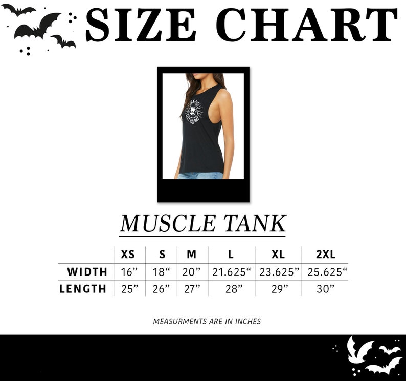 May include: Size chart for a muscle tank top with measurements in inches for width and length. Sizes include XS, S, M, L, XL, and 2XL.