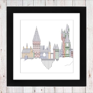 May include: A colourful cross-stitch embroidery of Hogwarts castle, a famous fictional school of witchcraft and wizardry. The castle is depicted in a white frame.