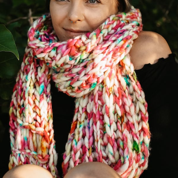 Chunky Fisherman Scarf Knitting Pattern, "Cotton Candy Cuddle Scarf", Brioche Knit, Warm Wool Scarf