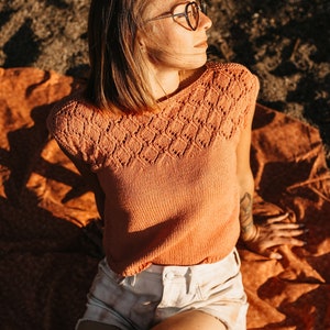 Zomer crop top breipatroon, "Diamond Lace crop-T-shirt". Gebreide tanktop voor dames, dames en tieners (maten S, M, L, XL, 2XL)
