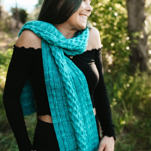 DK Scarf Knitting Pattern, Easy Cable Knit Scarf, Ladies Shawl Knitting Pattern, DK Scarf Pattern, Womens, Blue, Green, Teal, Neck Wrap, PDF