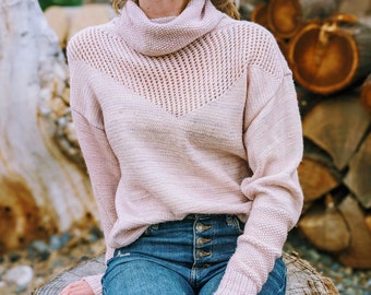Turtleneck Sweater Knitting Pattern - The "Uptown Pullover". Cowl neck, Comfy fit Women's Jumper, Lace knit design