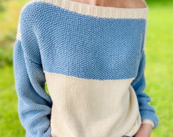 Striped Sweater KNITTING PATTERN, Off The Shoulder Sweater, Knit Summer Top Pattern, Aran Sweater Knit Pattern, Classic Sweater, Fisherman