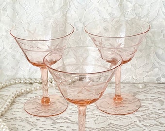 Pink Vintage Depression Glasses,Depression Glasses,Vintage Pink Glasses,Pink Stemware, Etched Pink Glasses Home Decor Vintage Glasses