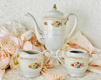 Vintage Occupied Japan Tea Set: Floral Cream Tea Pot, Creamer, Sugar Bowl