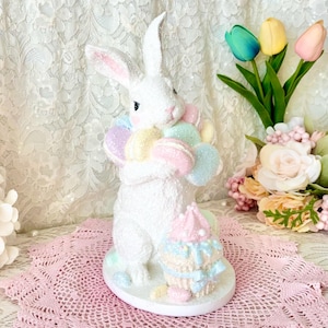 Hand painted Easter Bunny, Easter Bunny Figurine, Easter Bunny With Treats, Easter Decorations, Faux Easter Treats, Pastel Easter Decor