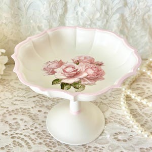 Vintage Shabby Chic Candy Dish: Pink Rose Decoupage Cottage Decor