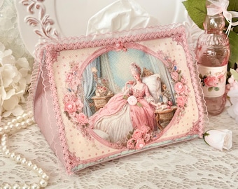 Tissue Box, Cloth Tissue Box, Kleenex Box, Kleenex Holder, Marie Antoinette, Vintage Tissue Holder, Shabby Chic Pink Roses,Shabby Chic Decor