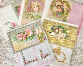 Vintage Postcards, Embroidered Handkerchief and Postcard Set, Vintage Handkerchiefs, Vintage Romantic Decor, Shabby Chic Decor