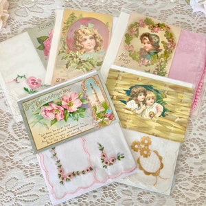 Cartes postales vintage et mouchoir vintage, cartes postales vintage Shabby Chic, mouchoir vintage Shabby Chic, décoration de vacances vintage, Shabby Chic