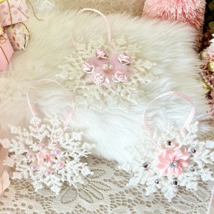 Shabby Chic Snowflake Ornaments: Glittered Pink Christmas Tree Decor