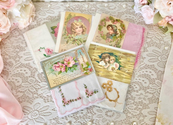 Vintage Postcards, Embroidered Handkerchief and Postcard Set, Vintage Handkerchiefs, Vintage Romantic Decor, Shabby Chic Decor