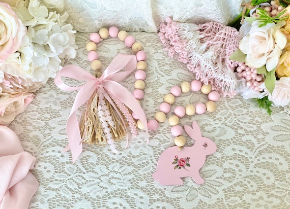 Easter Bunny Beaded Garland: Pink Shabby Chic Decor,Pink Easter Bunny,Pink Easter Decor,Easter Table Tray Decor,Easter Garland,Pastel Easter