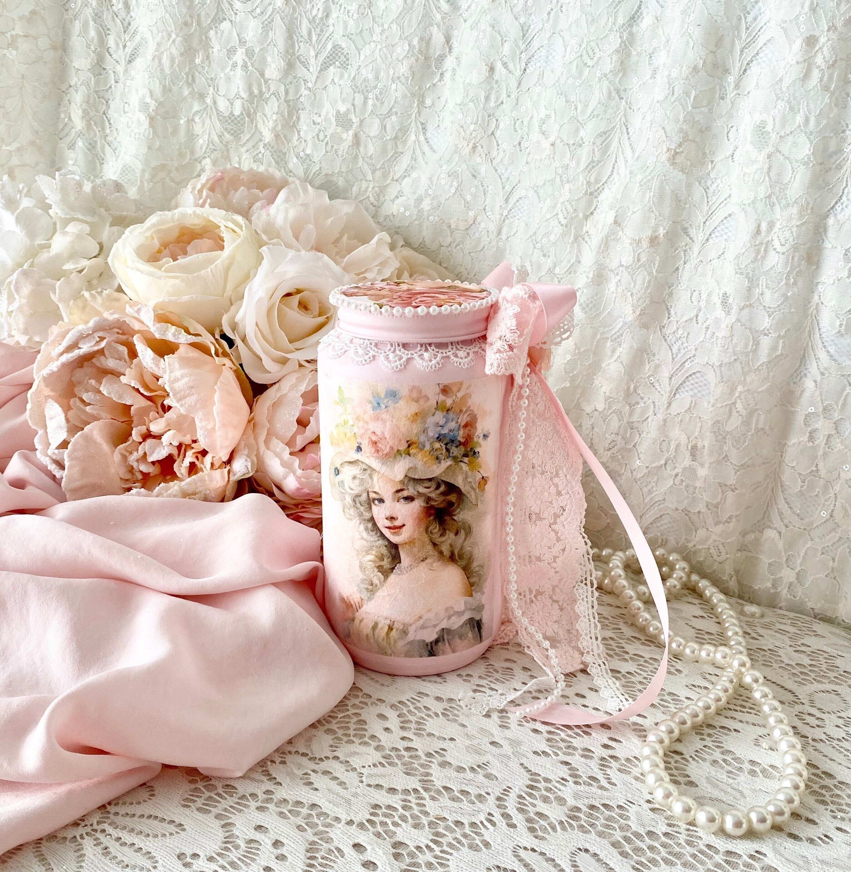 Shabby Vintage French Romantic Jar, Shabby Romantic Cottage, Shabby Chic Romantic Decor, French Vintage Jars, Vintage Decoupage Rose