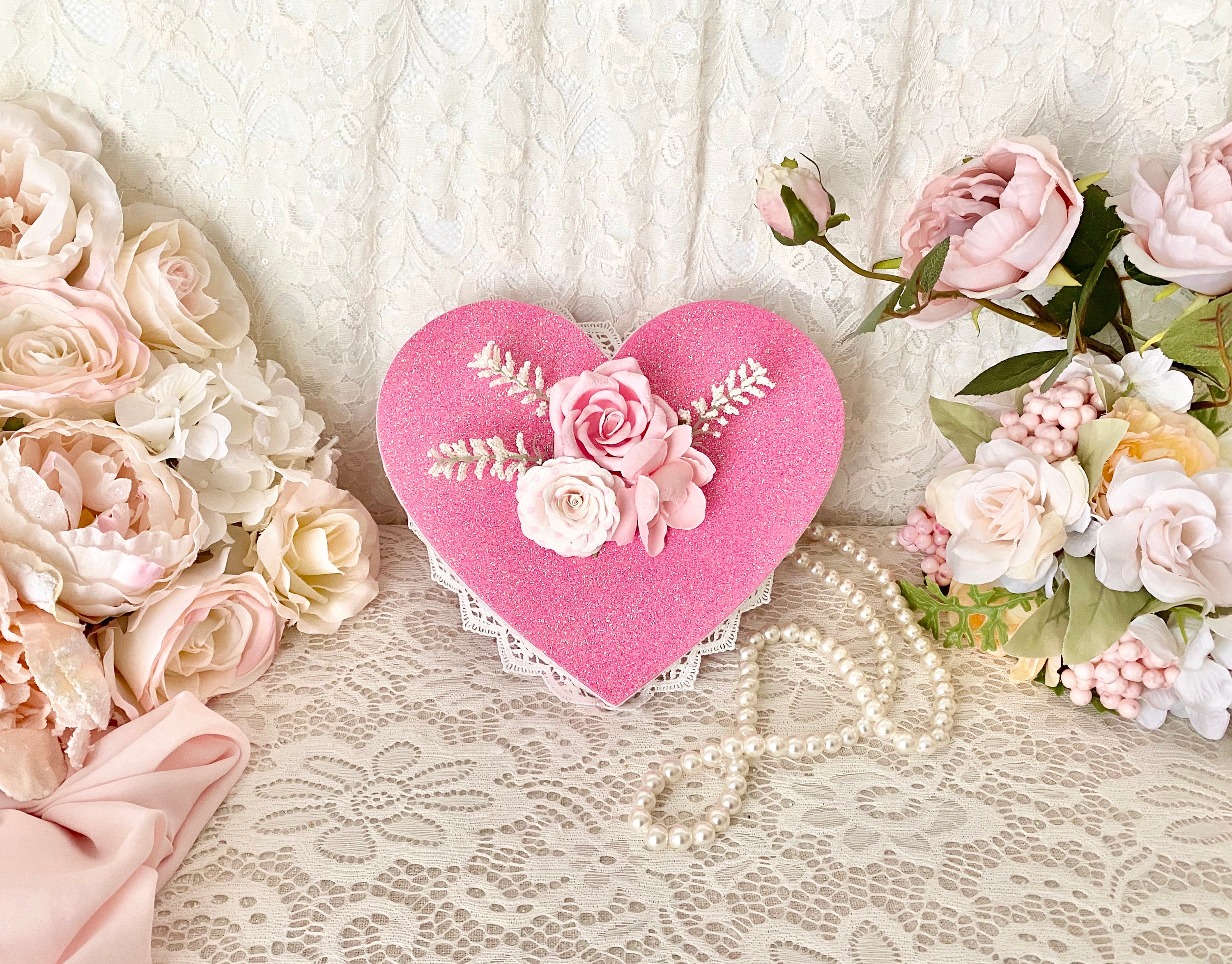 Pink Glitter Wood Valentine Heart With Lace & Flowers, Large Valentine ...