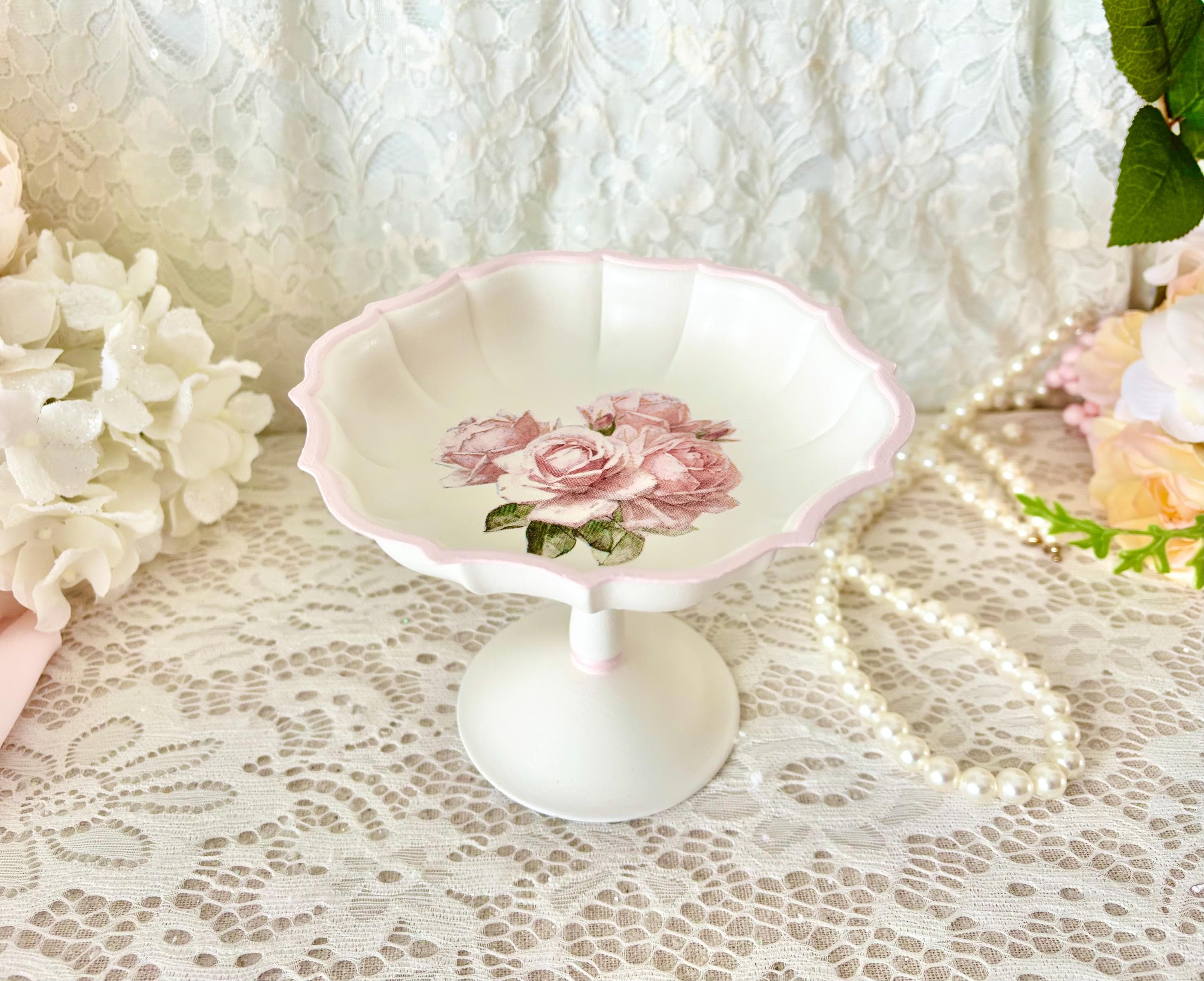 Shabby Chic Pink Rose Vintage Candy Dish, Vintage Candy Dish, Shabby Chic Decor, Shabby Pink Roses, Pink Rose Decoupage, Shabby Cottage