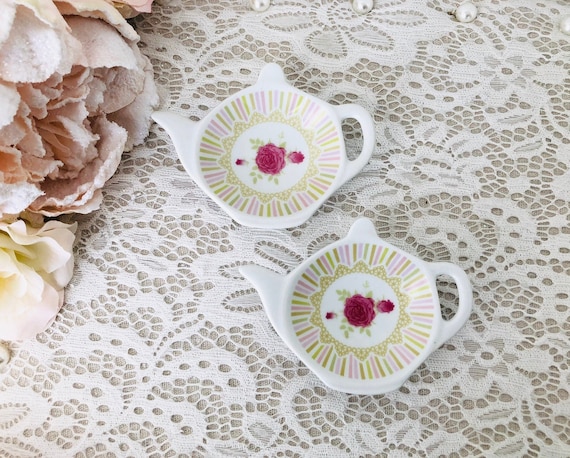 Shabby Chic Teapot Tea Bag Holder: Pink Rose Floral Set