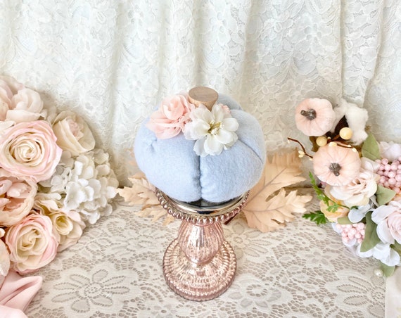 Blue Felt Pumpkin, Light Blue Fabric Pumpkin, Decorated Pumpkins, Fall Floral Pumpkin, Pastel Fall Decor, Pastel Pumpkin, Fabric Pumpkins