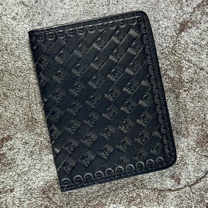 Handmade Card Wallet Bifold in black Veg Tan Leather | USA | Handmade Card Holder Tooled ID Pocket Window | Skull Pattern
