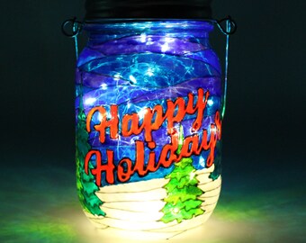 Happy Holidays Snowy Light / Spruce on Snow Light / Stained Glass Light / Christmas Decor / Solar Christmas Light / Firefly Beach Studio