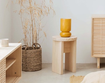 Mesa auxiliar redonda de madera de pino macizo, mueble de salón - Calpe